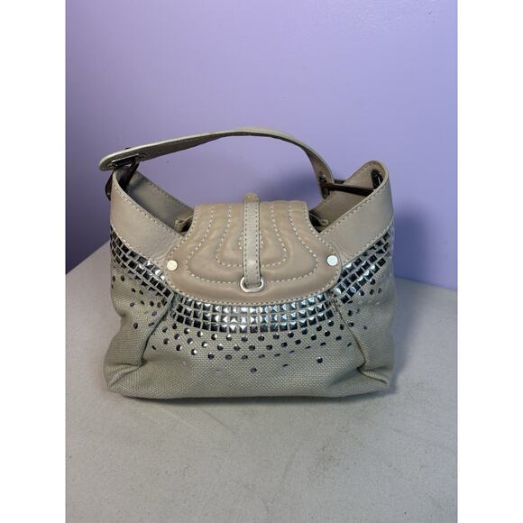 Jimmy Choo Buckle Studded Tulita Hobo Shoulder Bag Tan Canvas - Picture 6 of 16